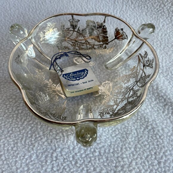 Flanders Poppy Sterling Silver on Clear Glass 3-Handled Dish - Picture 1 of 15